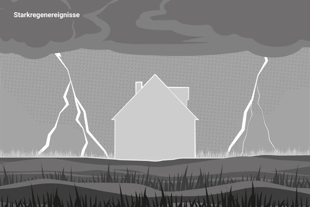 Eine grafische Darstellung eines Gebäudes mit Unwetter und Starkregen