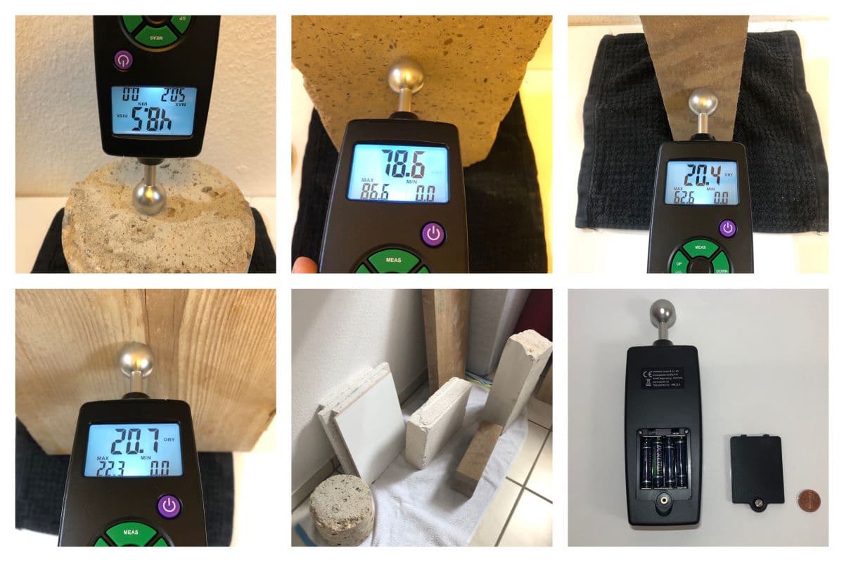 Das TOBOMETER HY Feuchtigkeitsmessgerät an Beton, Kalksandstein, Ziegel und Holz mit Messwerten in DIGITS