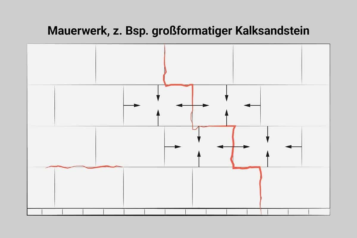 Skizze: Rissbildung im Mauerwerk durch das Schwinden von großformatigen Steinen.