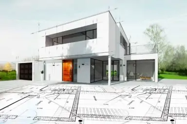 Eine 3-D-Ansicht eines modernen Hauses mit Planunterlagen