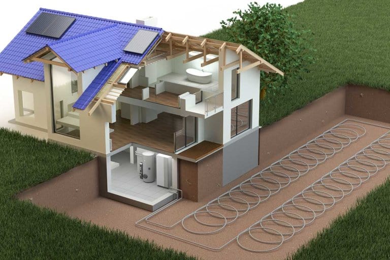 Schema der Haustechnik eines Hauses mit Heizungsanlage, Solarkollektoren und Erdwärme mit Flächenkollektor