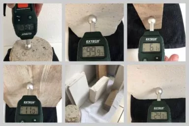 Das Extech MO57 Feuchtigkeitsmessgerät an Beton, Kalksandstein, Ziegel, Holz und Porenbeton mit Messwerten in Prozent