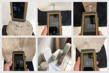 Das TROTEC T660 Feuchtigkeitsmessgerät an Beton, Kalksandstein, Ziegel, Holz und Porenbeton mit Messwerten in DIGITS