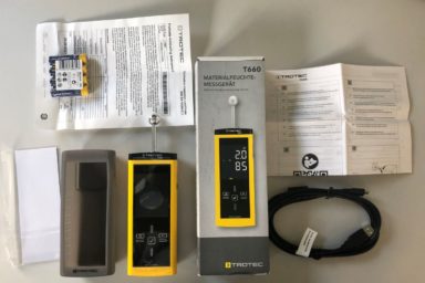 Das TROTEC T660 Feuchtigkeitsmessgerät mit Verpackung und Anleitung