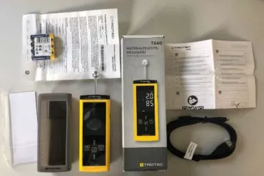 Das TROTEC T660 Feuchtigkeitsmessgerät mit Verpackung und Anleitung