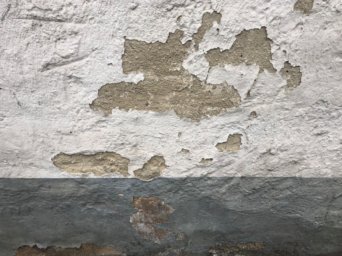 Eine alte Fassade mit ablösender Farbe und ablösendem Putz.