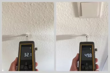 Eine richtig durchgeführte Feuchtemessung und eine falsche über einem Elektrokabel