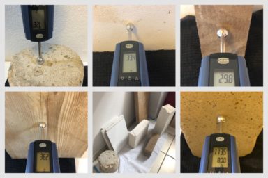 Das GANN HYDROMETTE BL COMPACT B 2 Feuchtigkeitsmessgerät an Beton, Kalksandstein, Ziegel, Holz und Porenbeton mit Messwerten in DIGITS