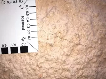 Ein 0,2mm starker Riss im Außenputz mit einer Risskarte als Vergleichsmaßstab gemessen.