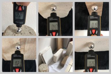 Das DOSTMANN HumidCheck Feuchtigkeitsmessgerät an Beton, Kalksandstein, Ziegel, Holz und Porenbeton mit Messwerten in DIGITS