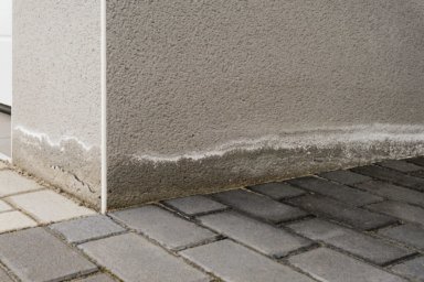Feuchtigkeit, Abplatzungen und Ausblühungen am Sockel eines Hauses